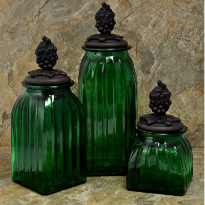 40074GREEN - SQUARE MEDIUM GREEN CANISTER SET / W COPPER GRAPES LIDS